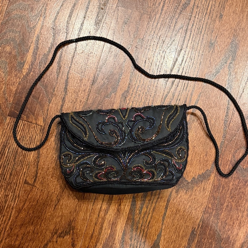 Black Beaded Crossbody Bag with Multicolor Accents